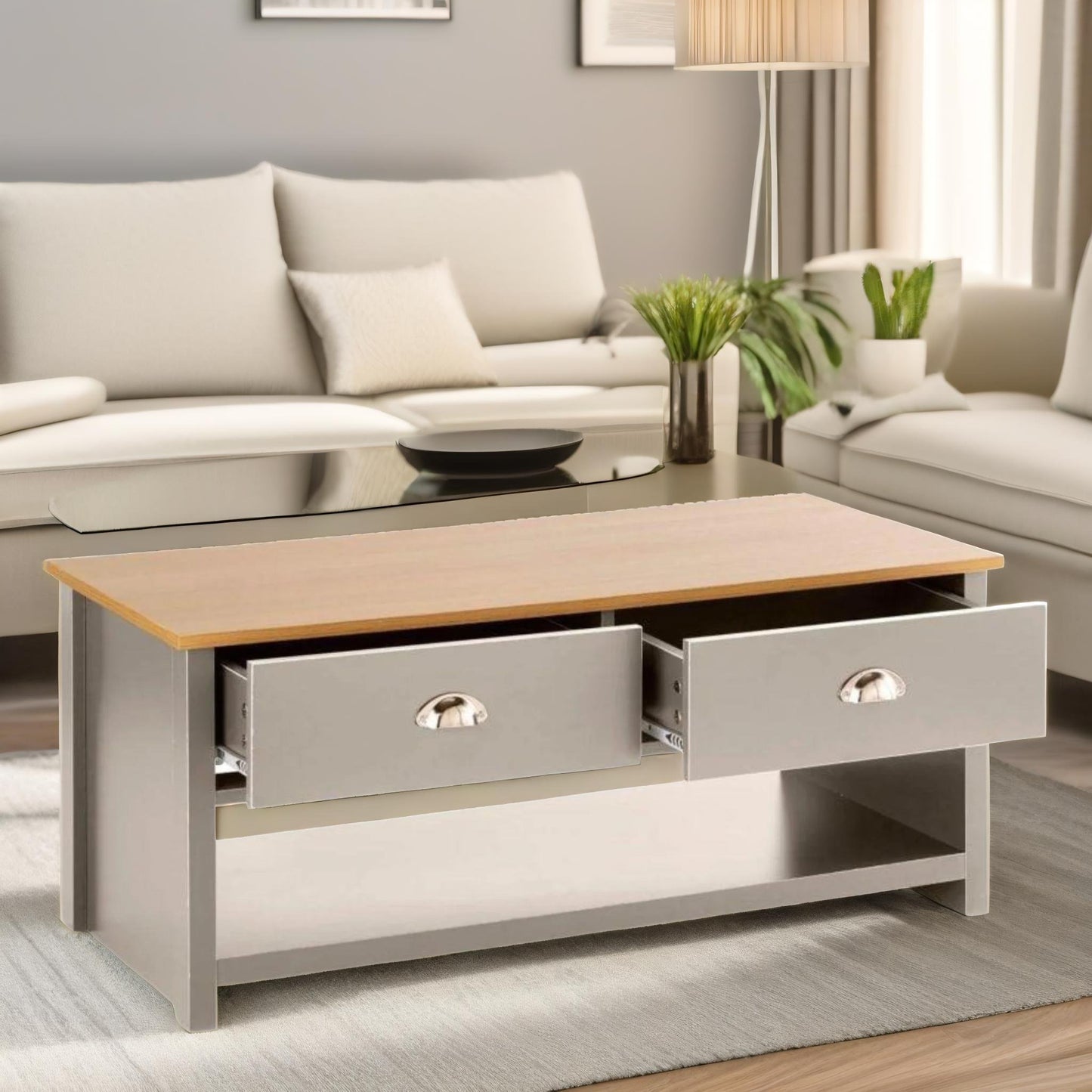 coffee table with 2 drawers grey