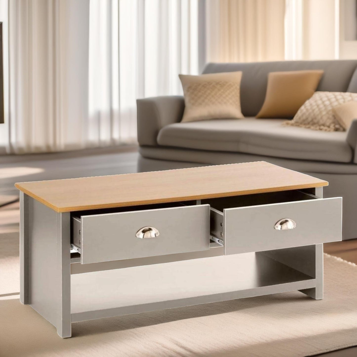 coffee table with 2 drawers grey