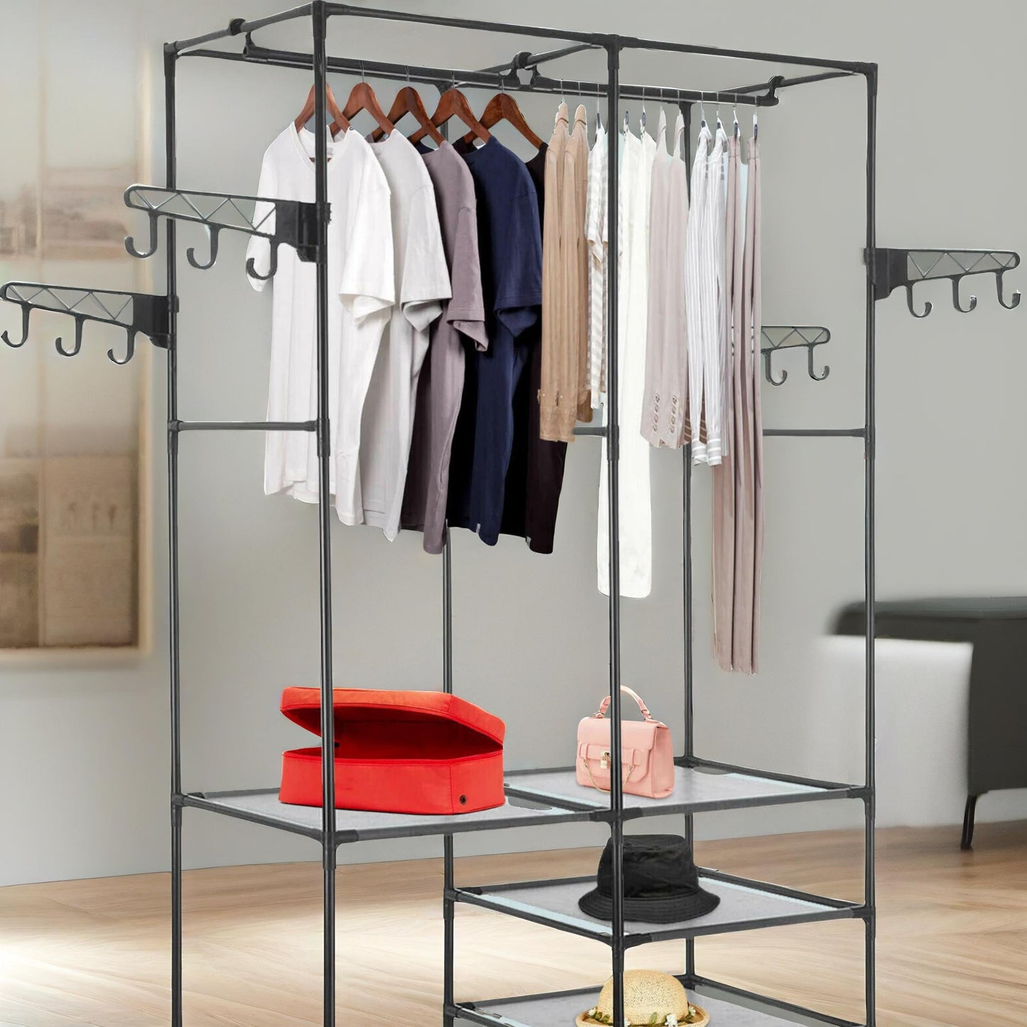 heavy duty metal clothes rail open wardrobe