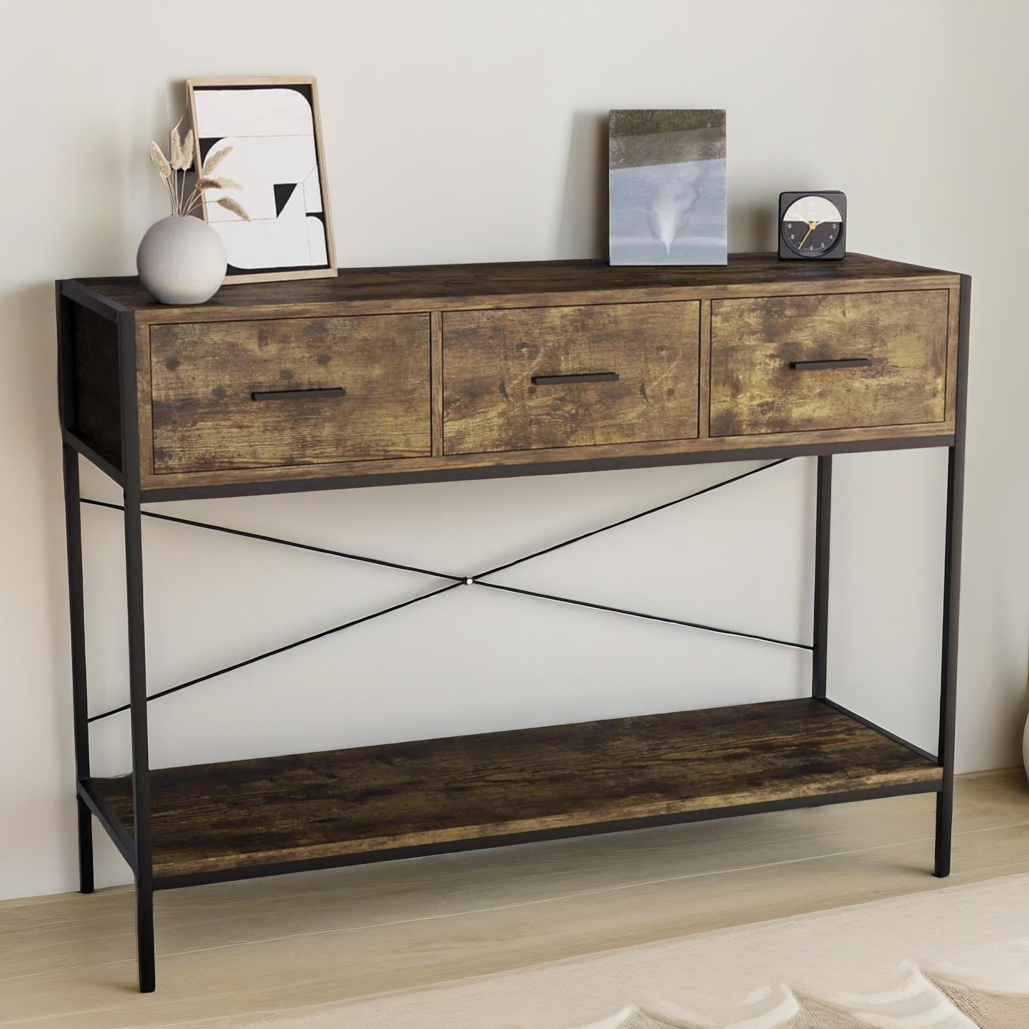 3 drawer industrial console table dark wood