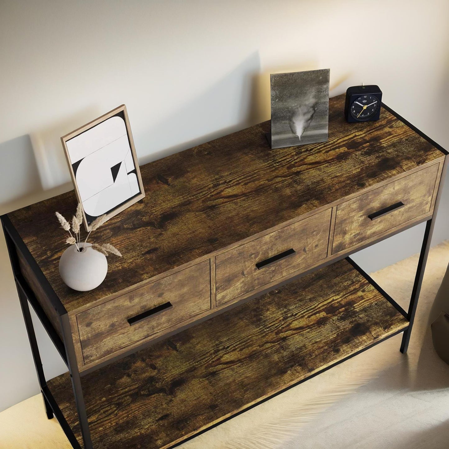 3 drawer industrial console table dark wood