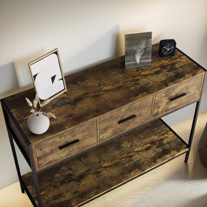 3 Drawer Industrial Console Table Dark Wood