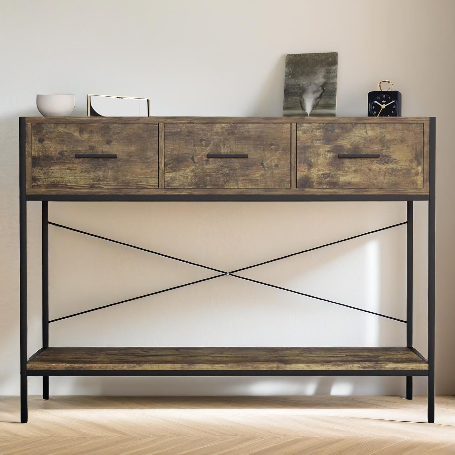 3 drawer industrial console table dark wood