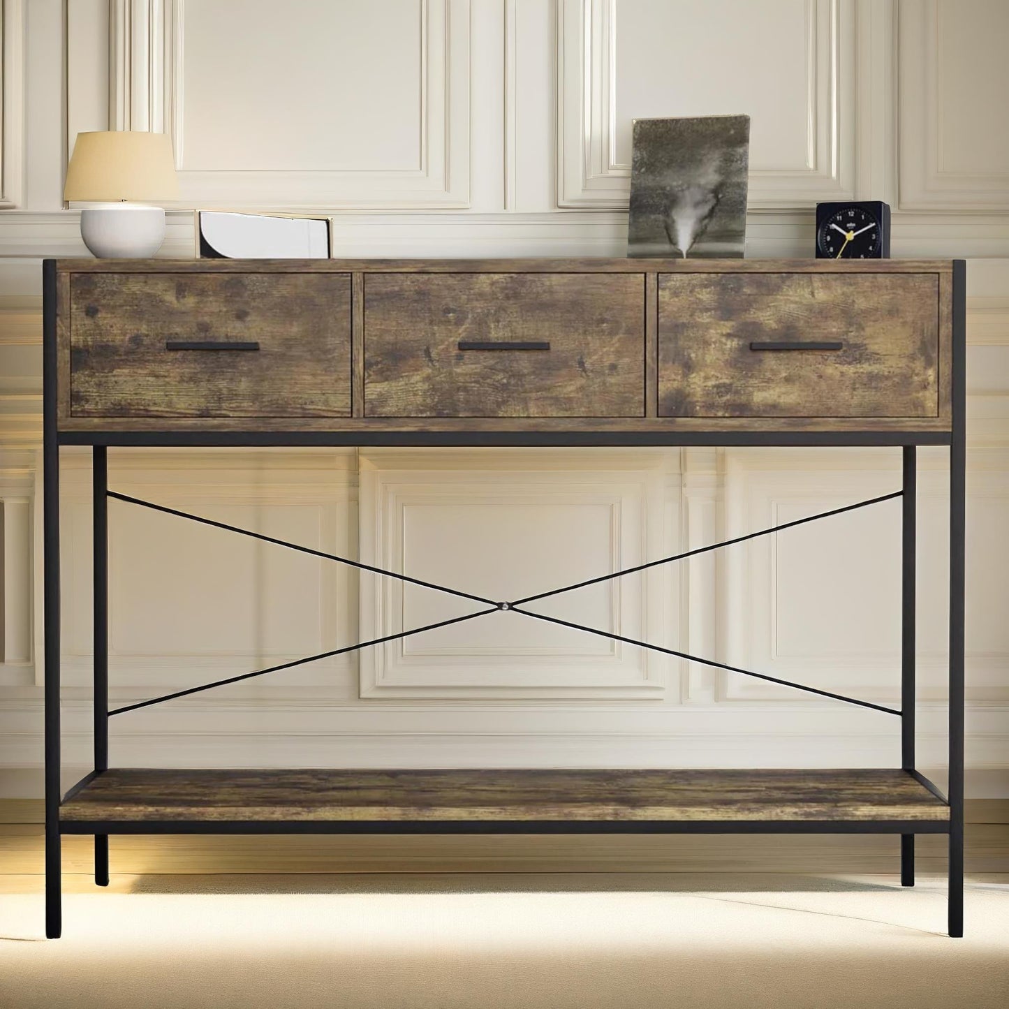 3 drawer industrial console table dark wood