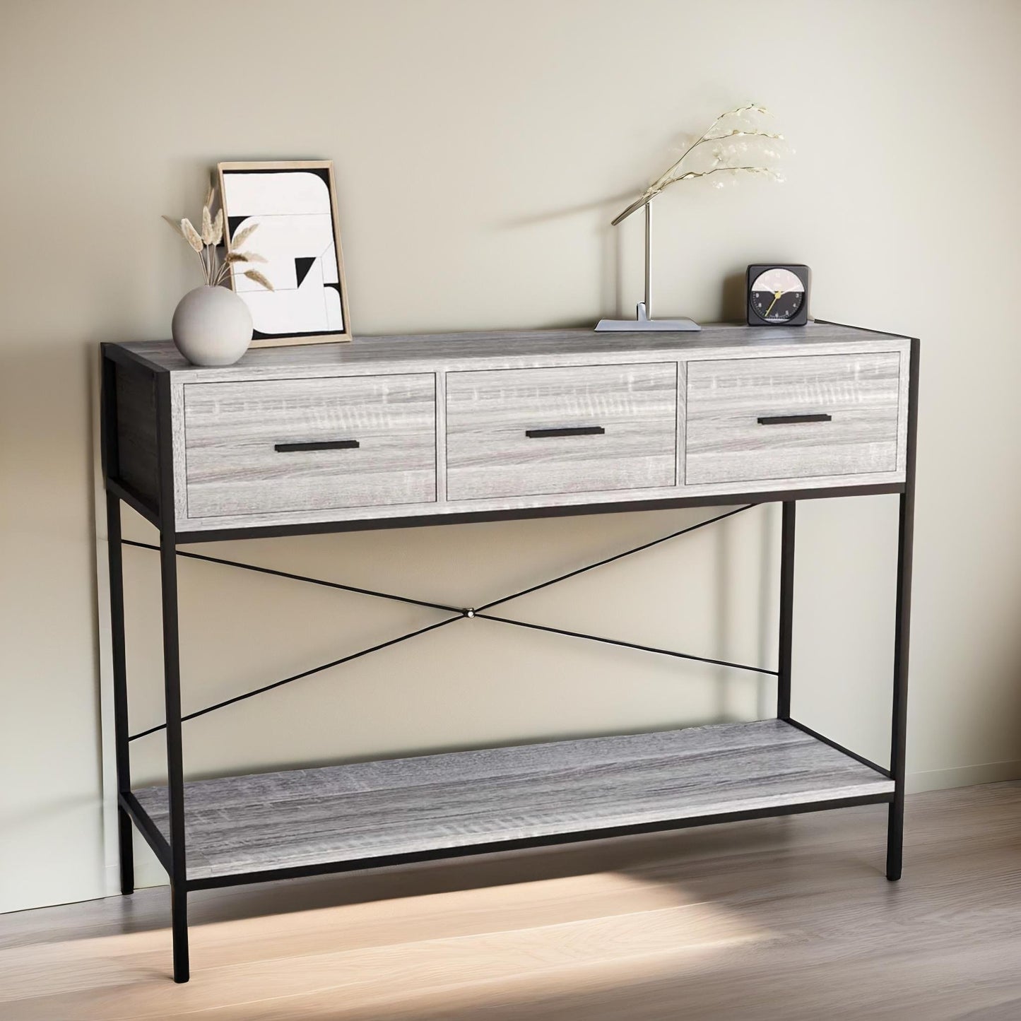 3 drawer industrial console table grey