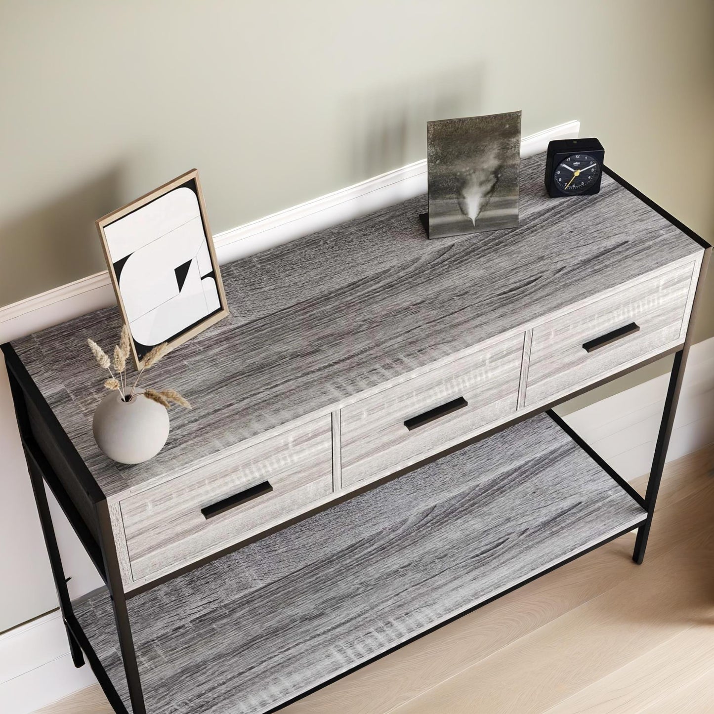 3 drawer industrial console table grey