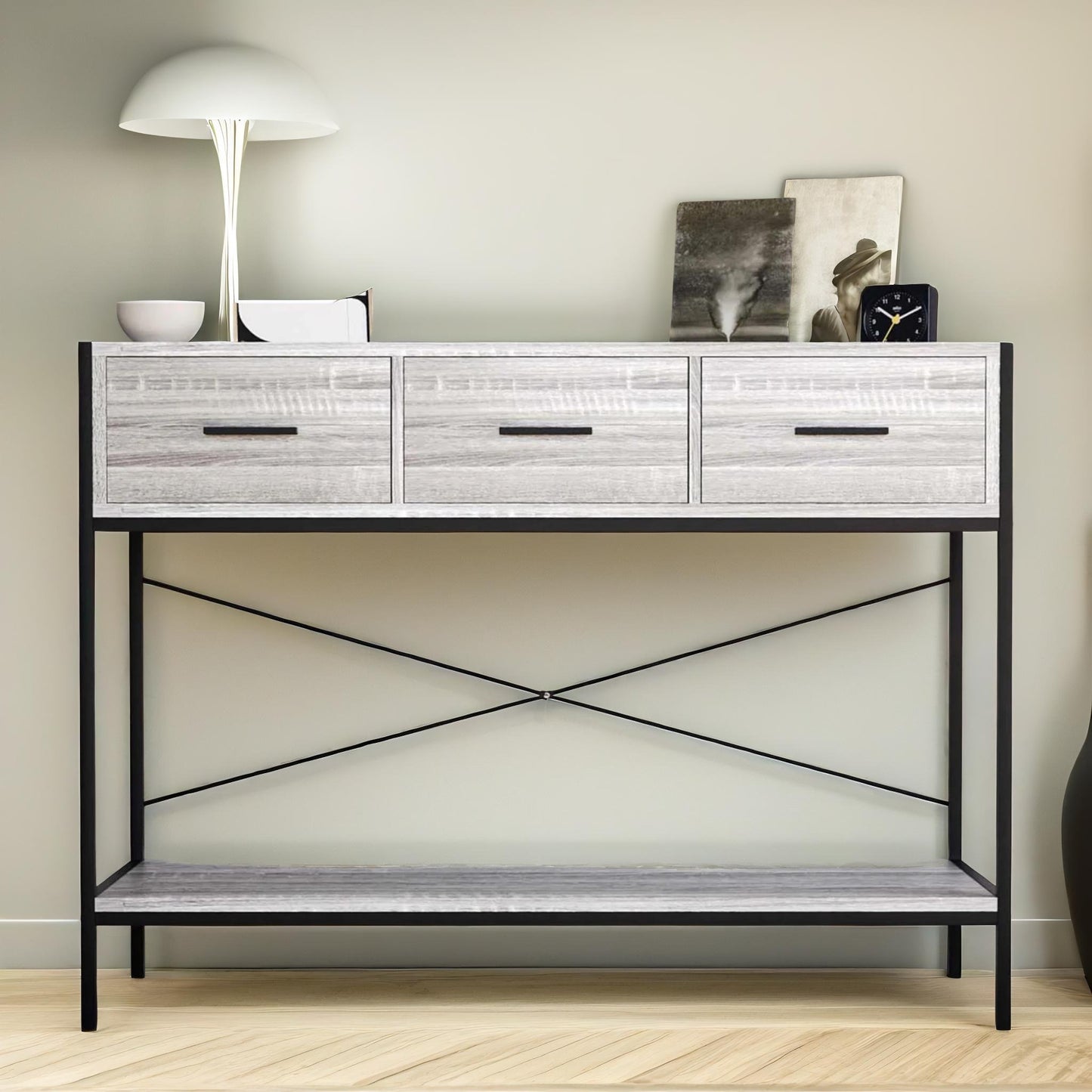 3 drawer industrial console table grey