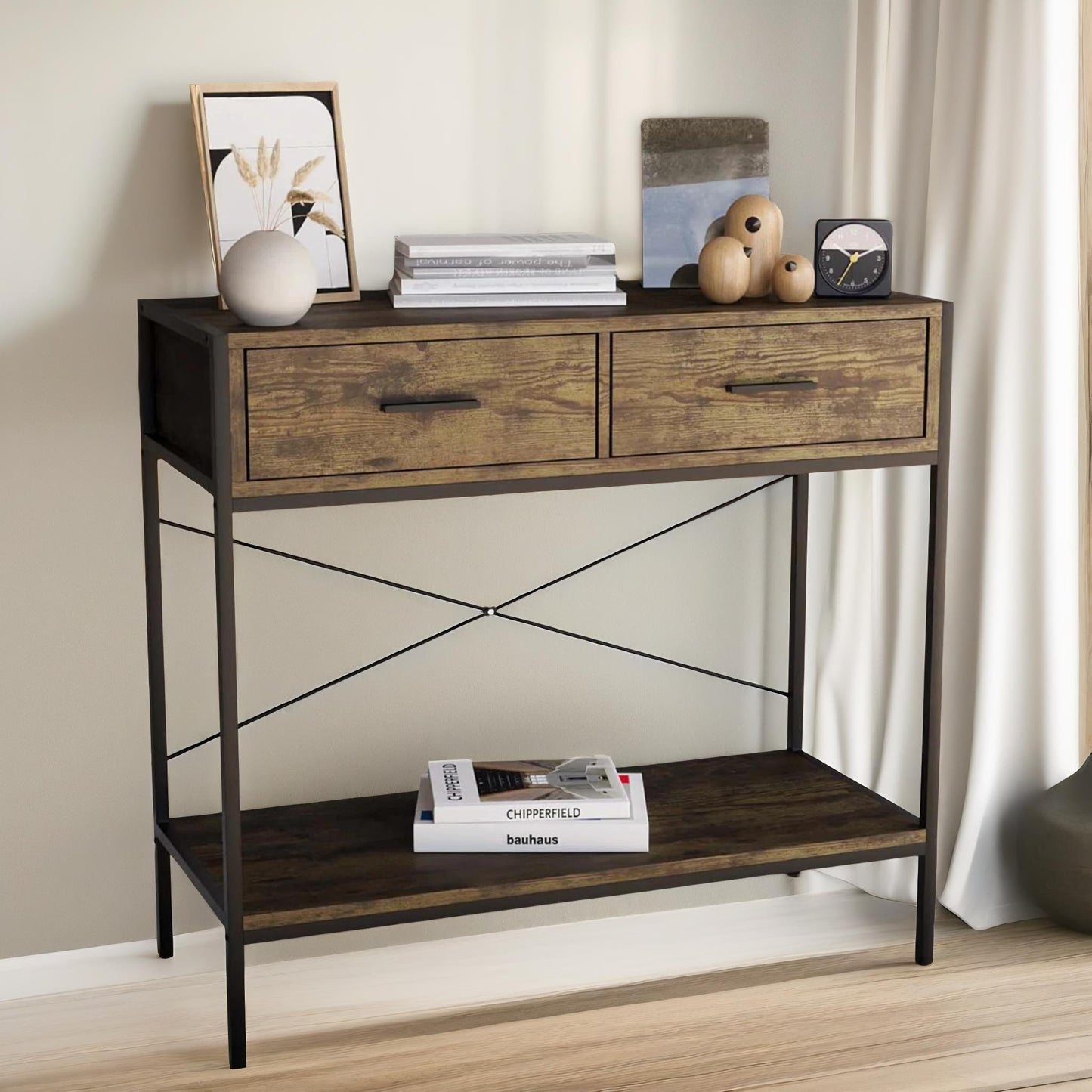 2 drawer industrial console table dark wood