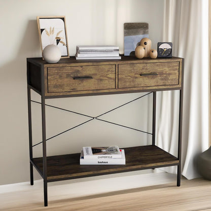 2 Drawer Industrial Console Table Dark Wood