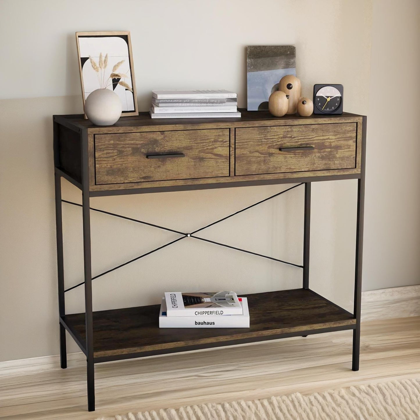 2 drawer industrial console table dark wood