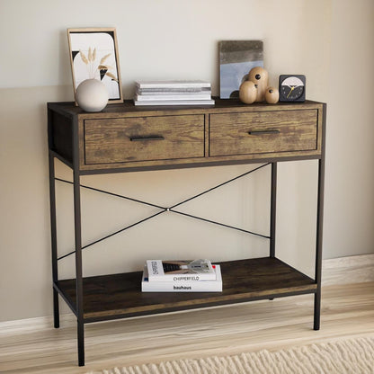 2 Drawer Industrial Console Table Dark Wood