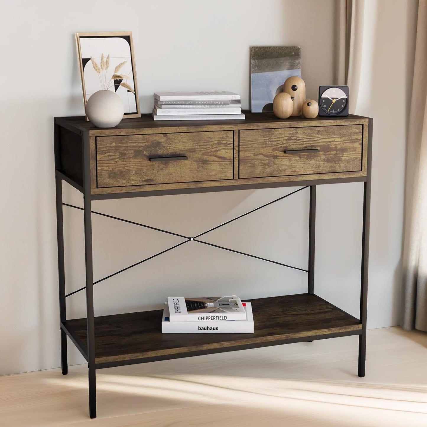 2 drawer industrial console table dark wood