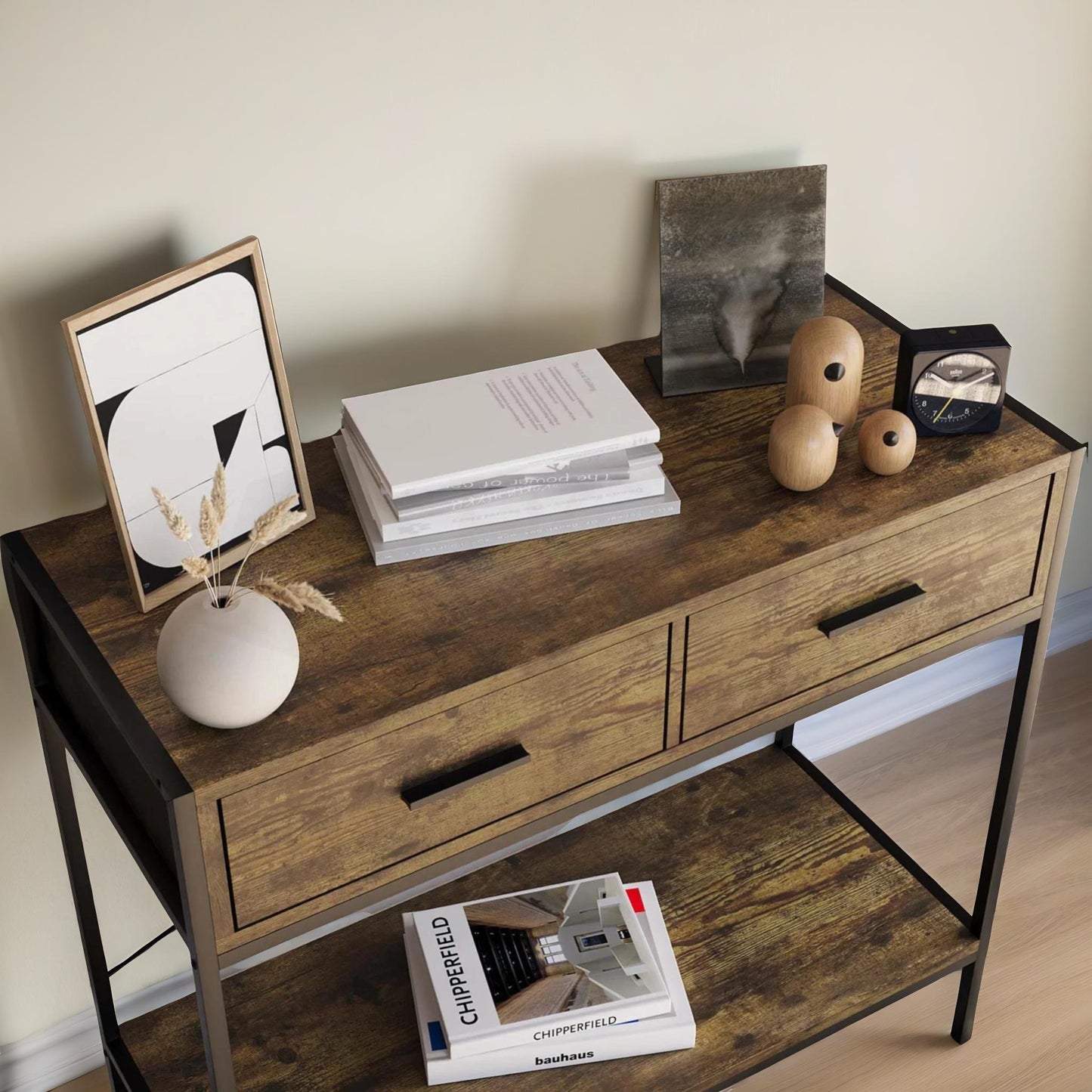 2 drawer industrial console table dark wood