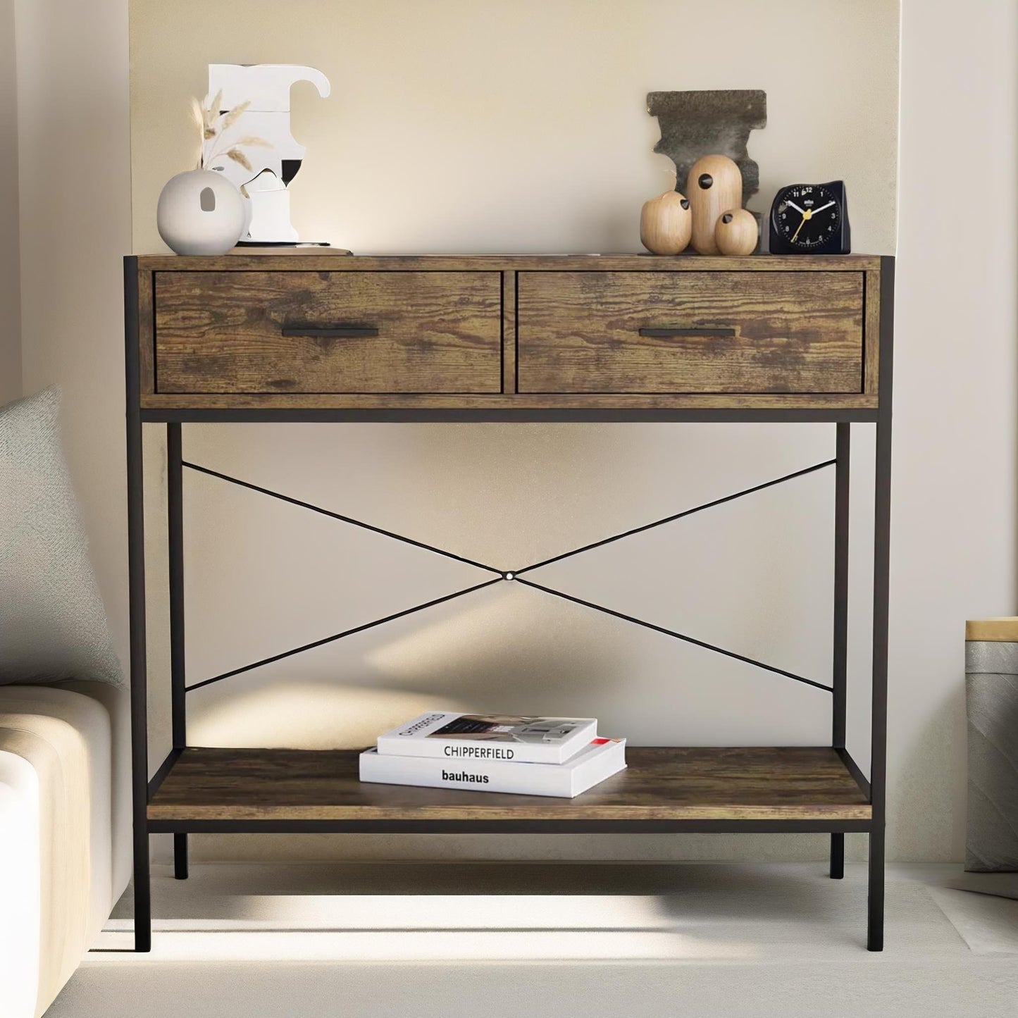 2 drawer industrial console table dark wood