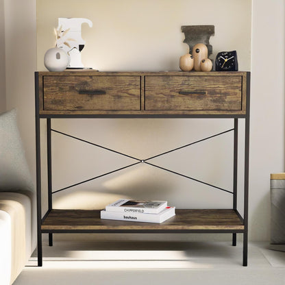 2 Drawer Industrial Console Table Dark Wood