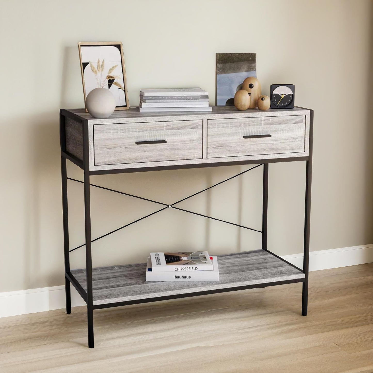 2 drawer industrial console table grey