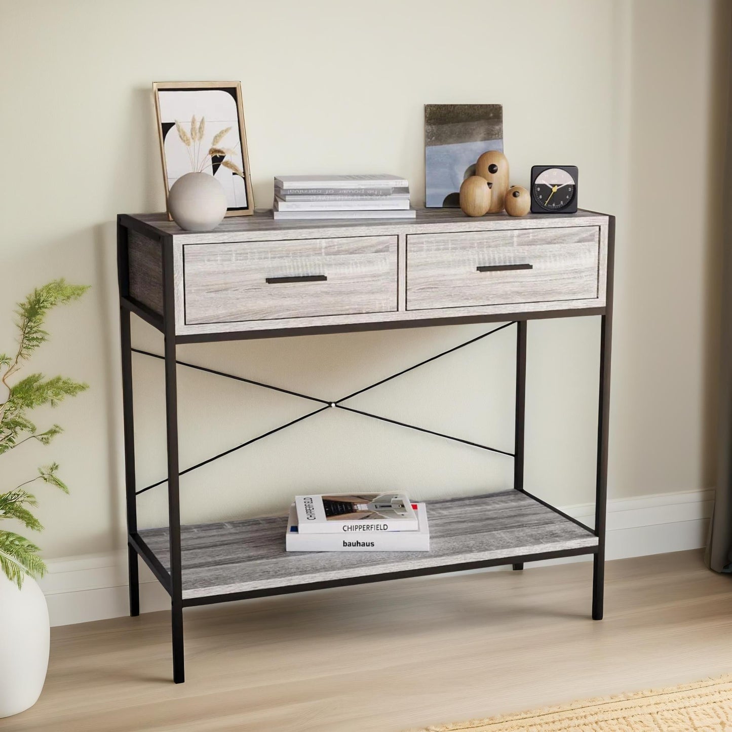 2 drawer industrial console table grey