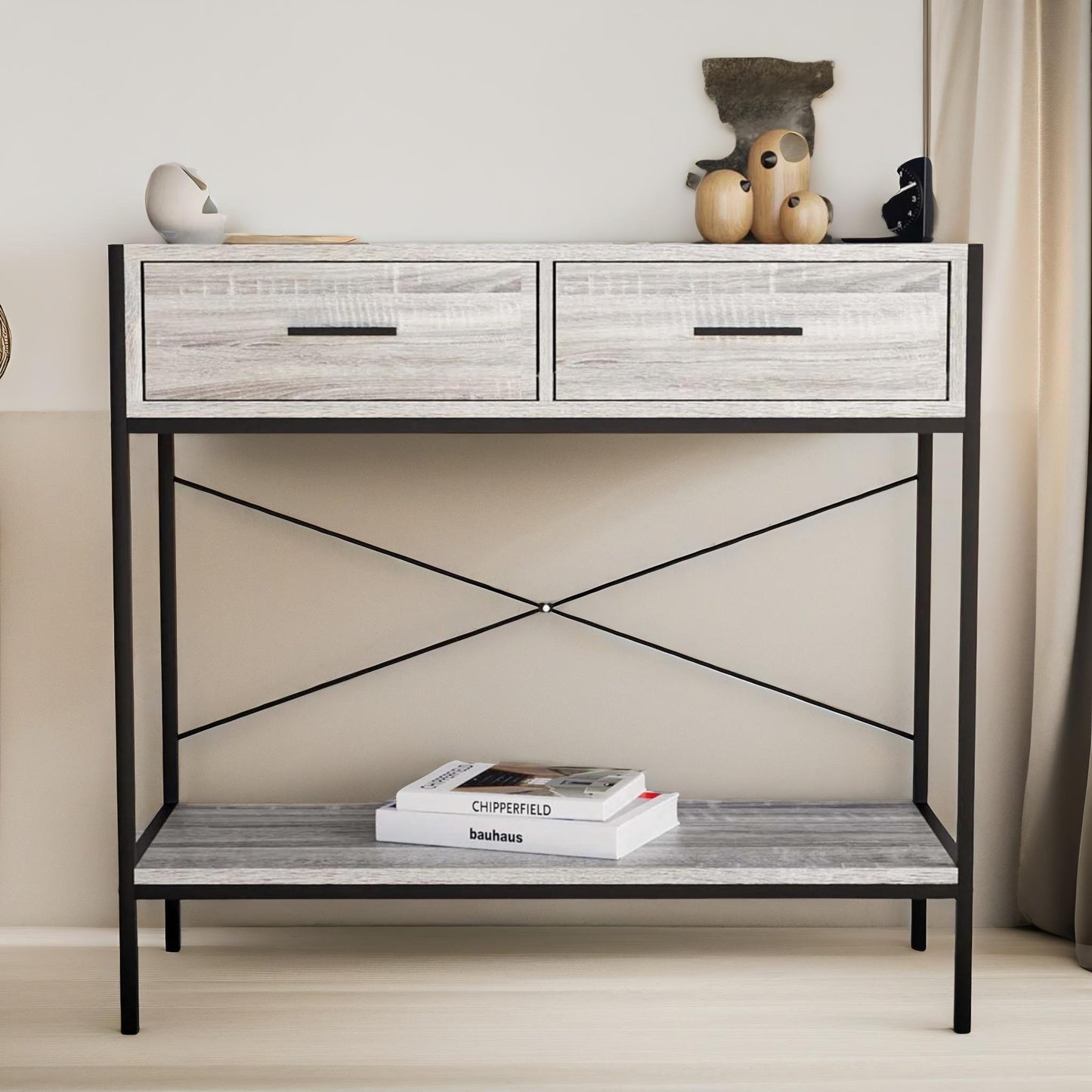 2 drawer industrial console table grey