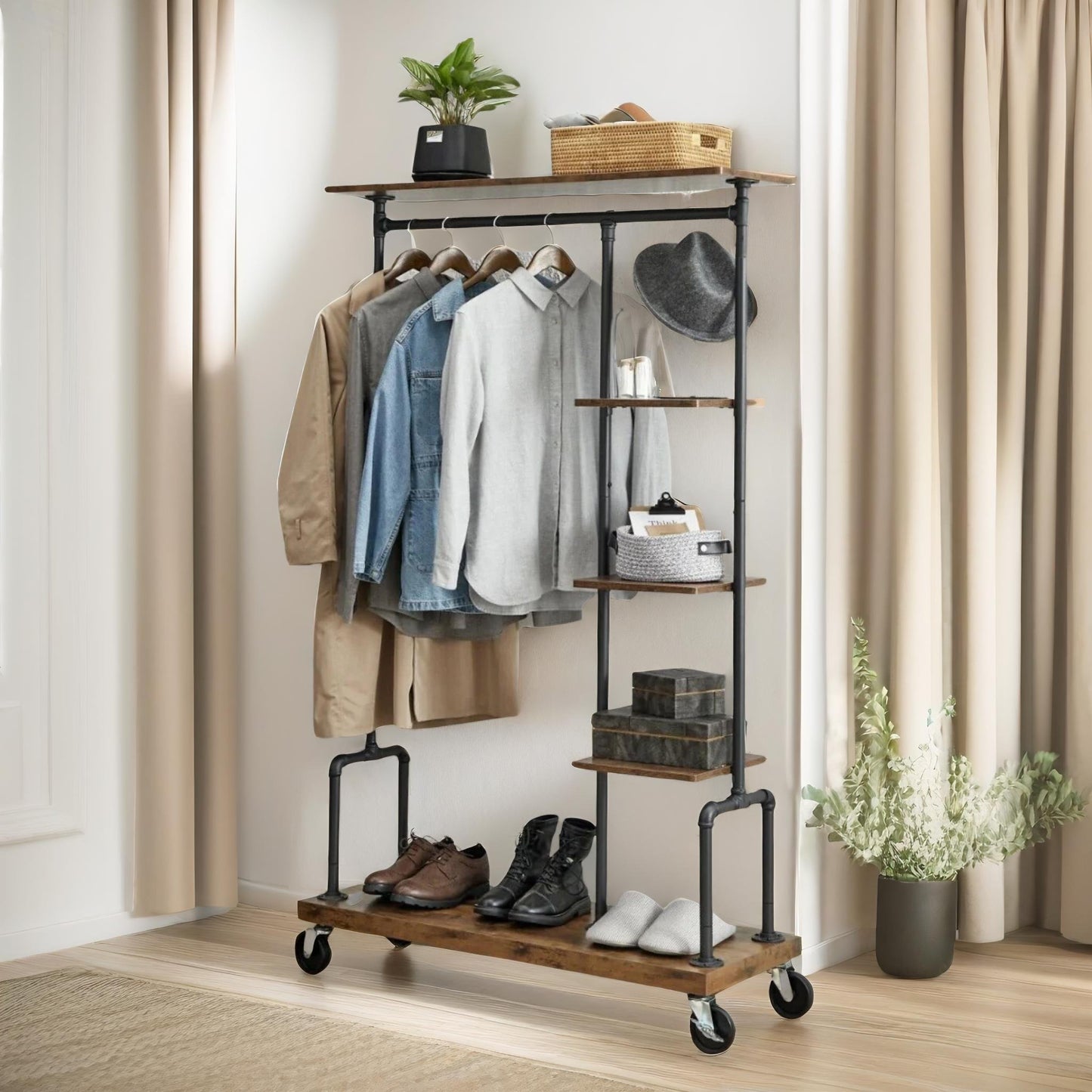 industrial open wardrobe on wheels rustic brown