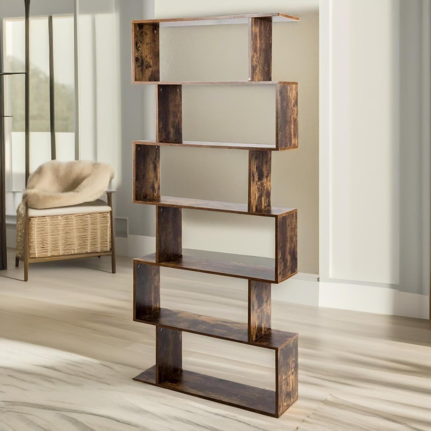 industrial 6 compartment book shelf rustic brown