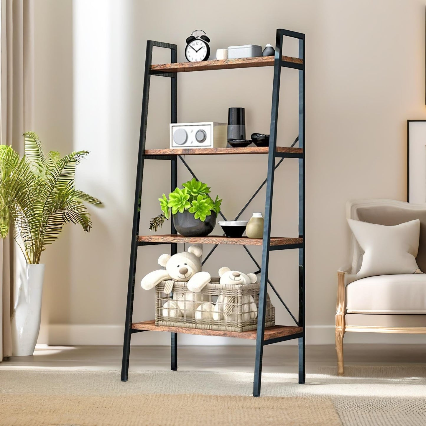 4 tier free standing ladder shelf for living room storage rustic brown