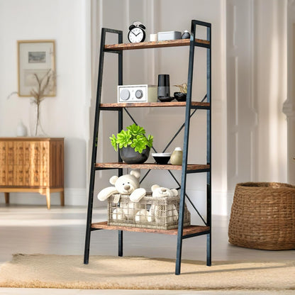 4 Tier Free Standing Ladder Shelf For Living Room Storage Rustic Brown