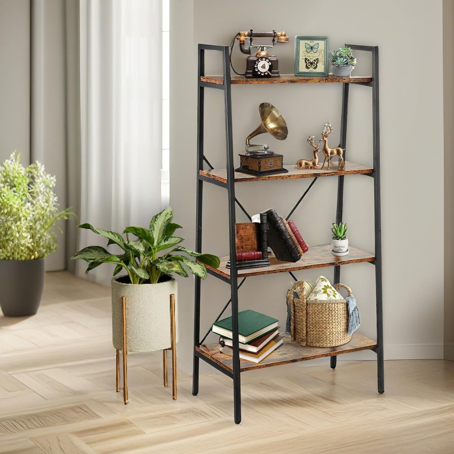 4 tier free standing ladder shelf for living room storage rustic brown