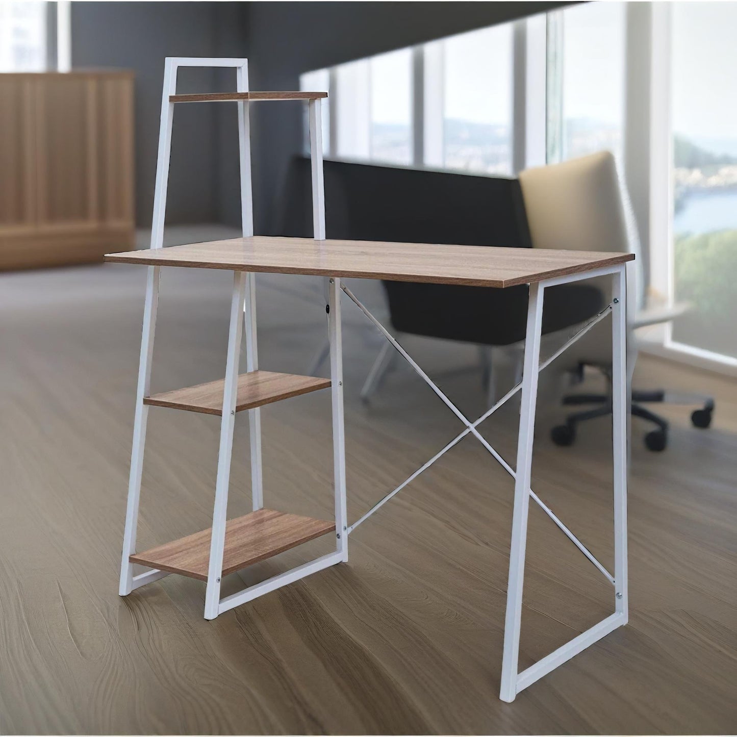 industrial 3 shelf computer desk brown