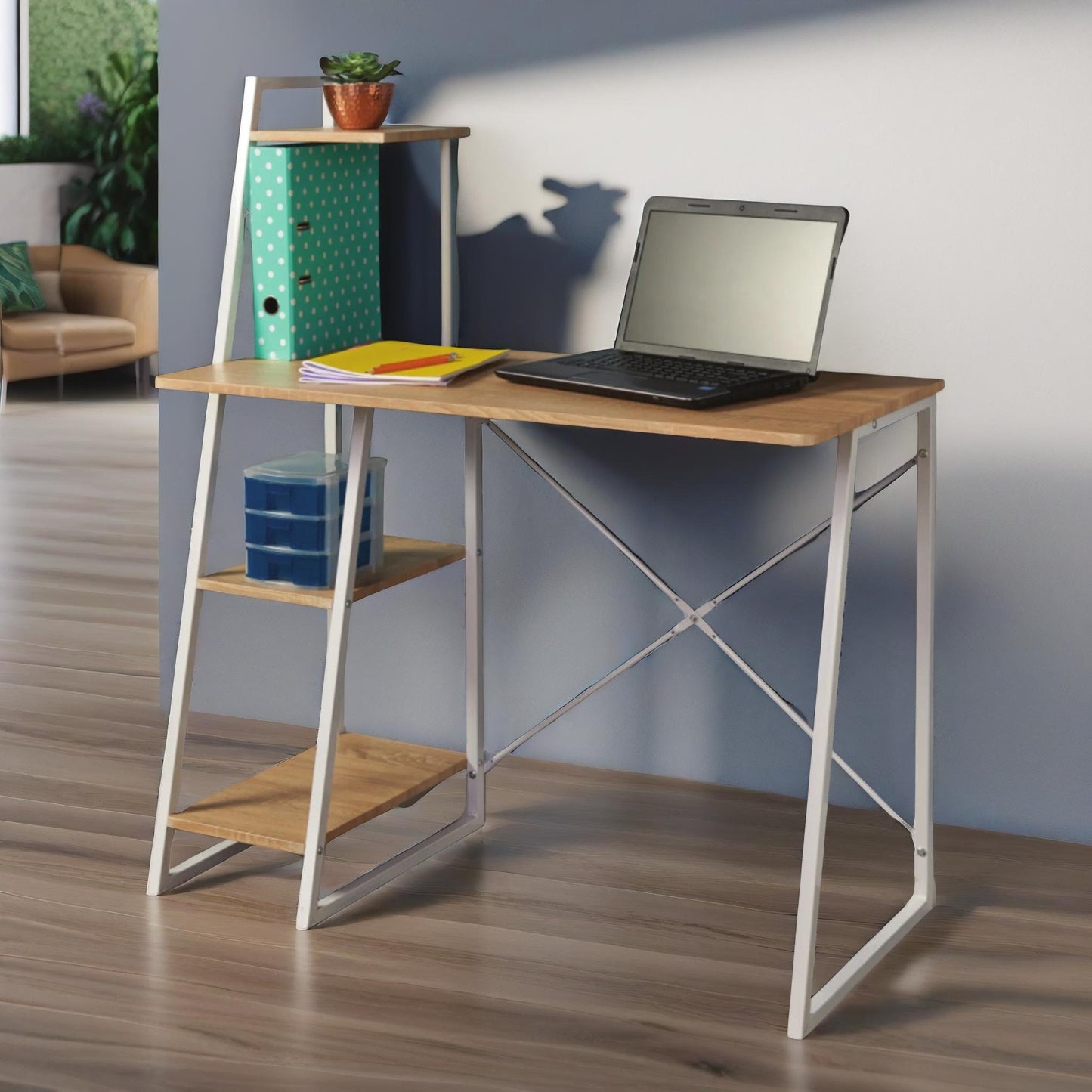 industrial 3 shelf computer desk brown