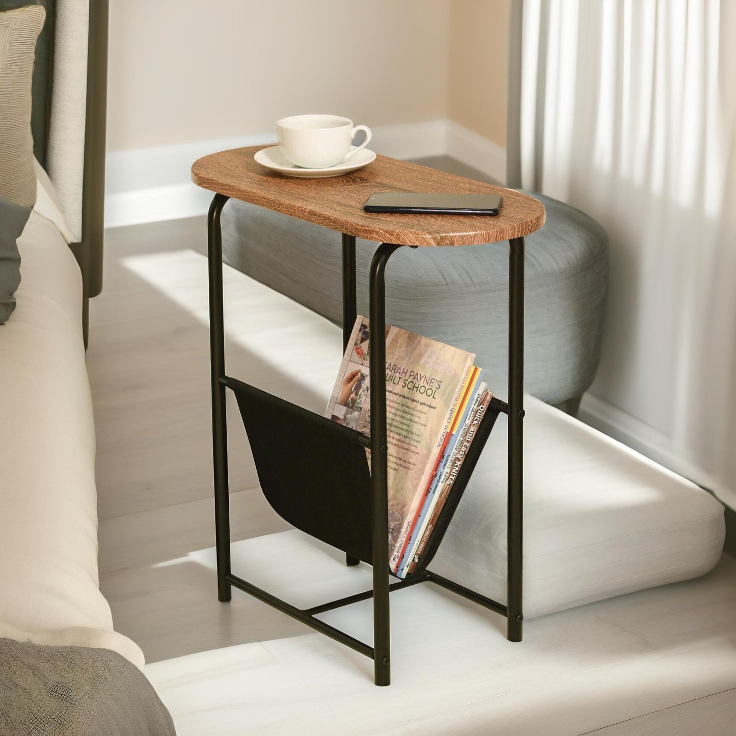 industrial side table with magazine holder brown