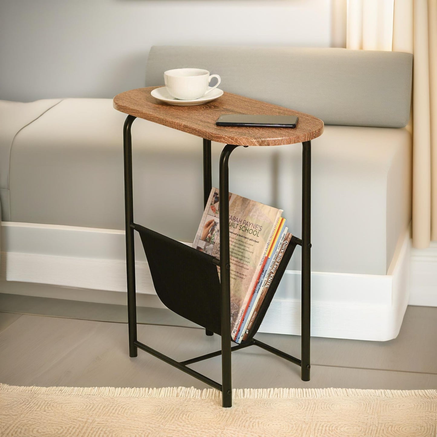 industrial side table with magazine holder brown