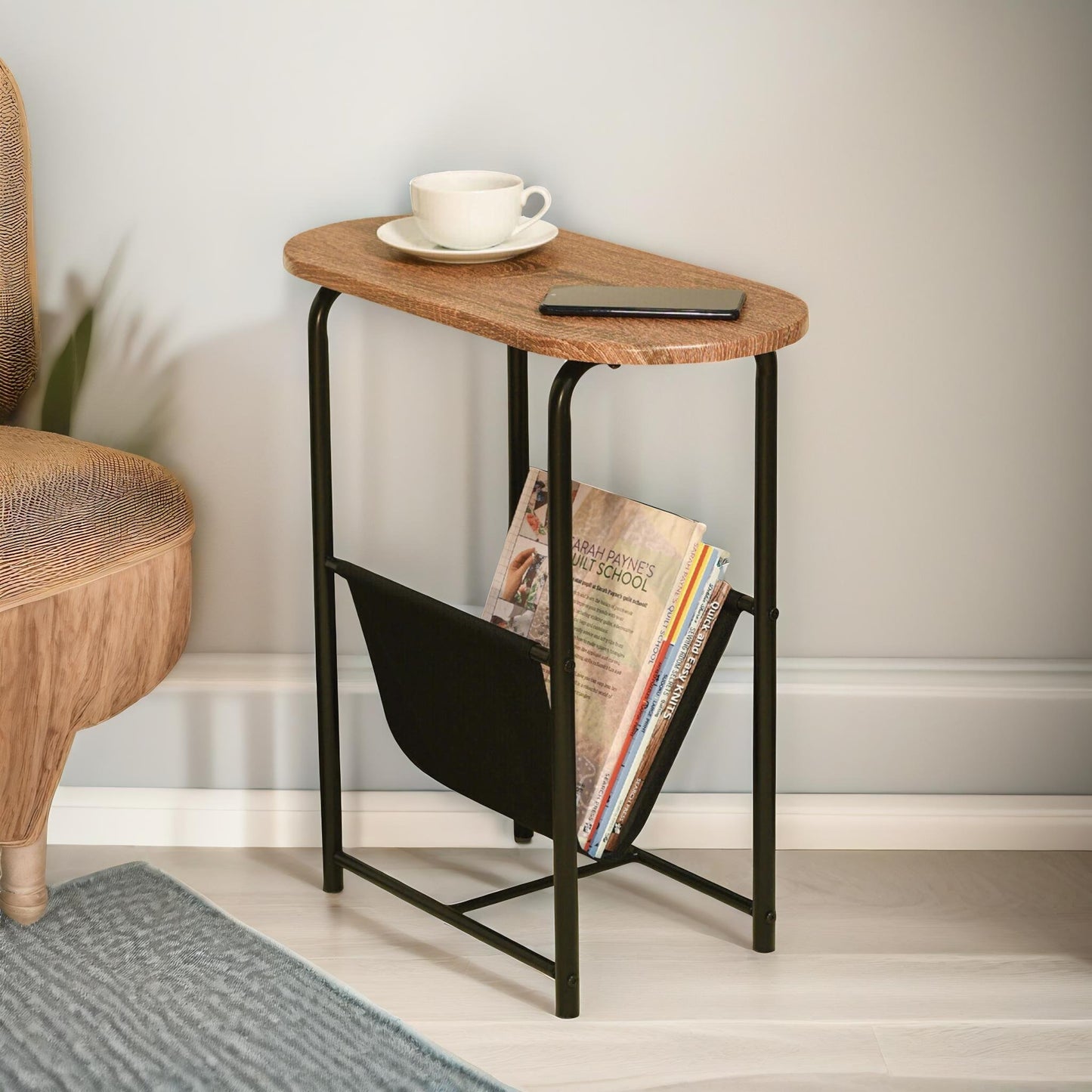 industrial side table with magazine holder brown