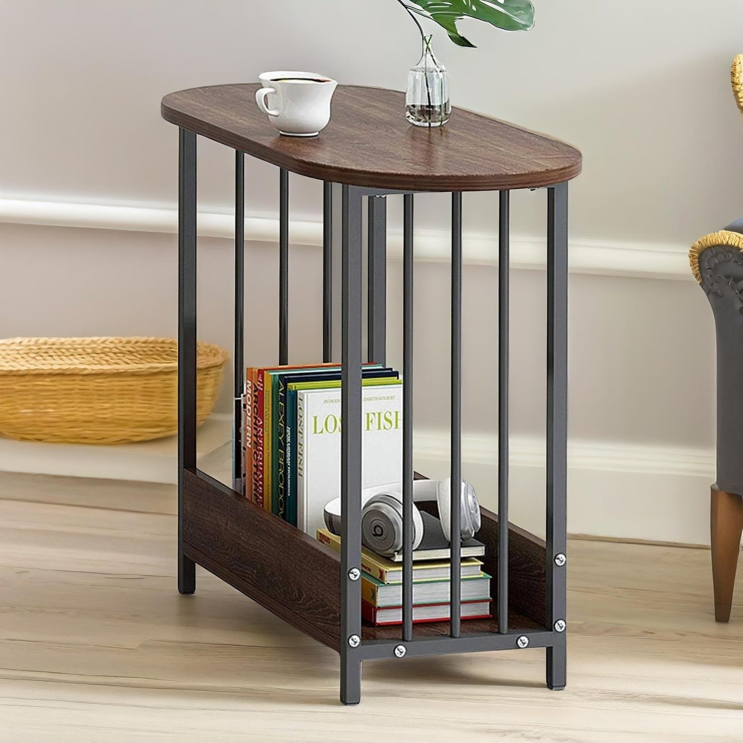 2 tier narrow side table brown