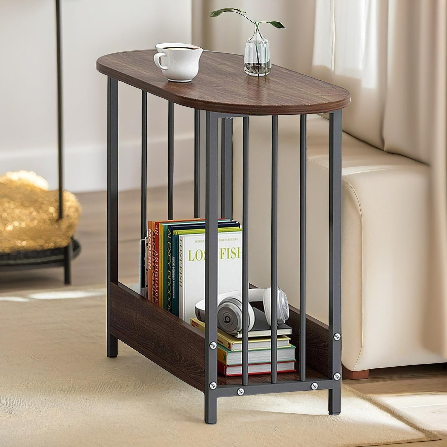 2 tier narrow side table brown