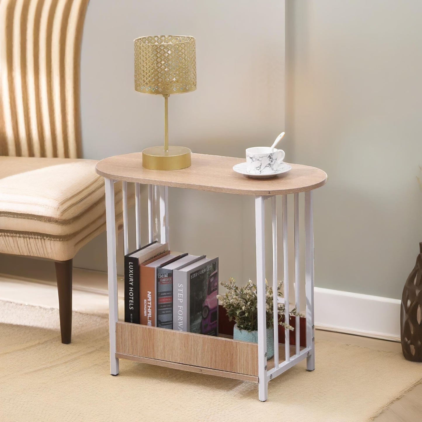 2 tier narrow side table oak