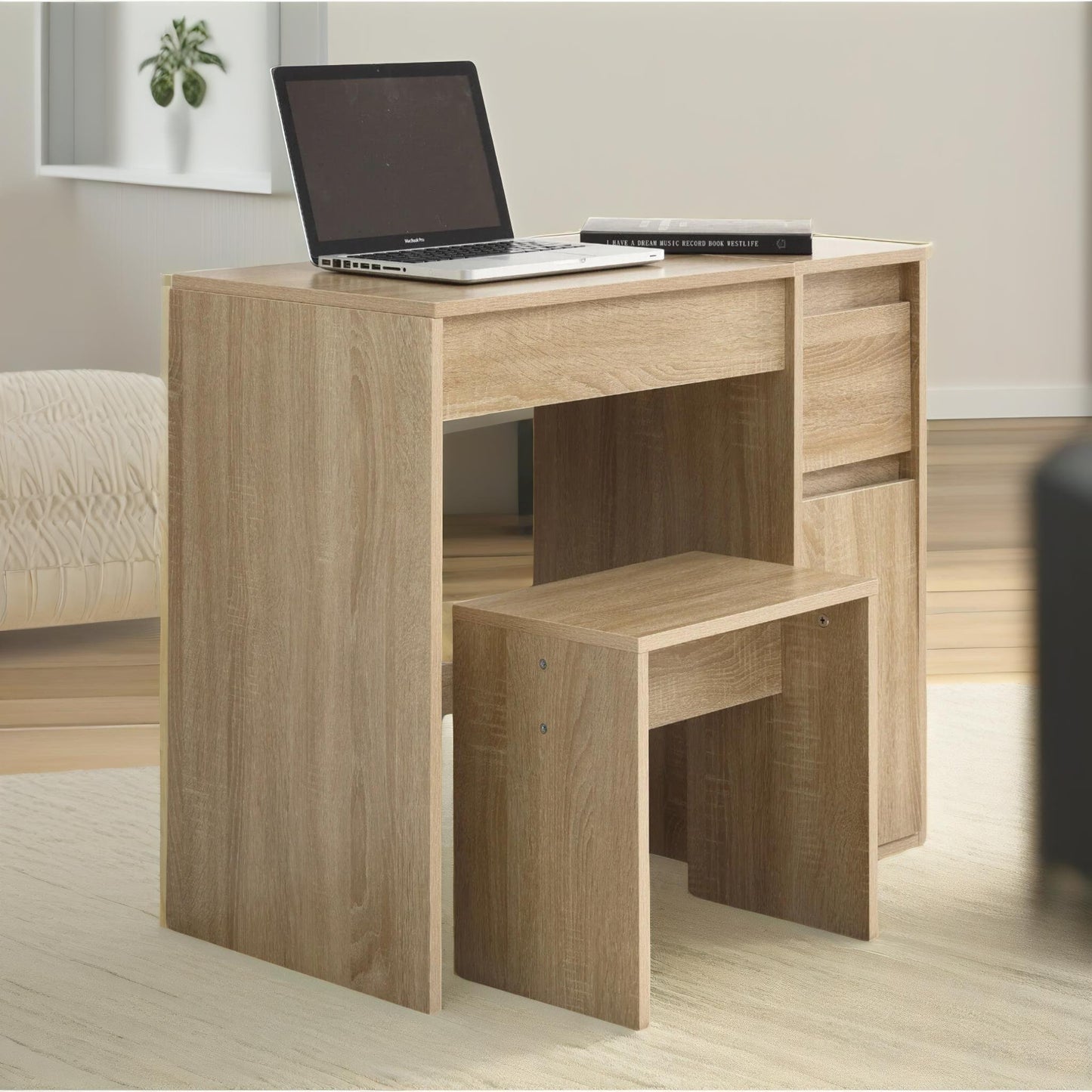 2-in-1 dressing table workstation with stool oak