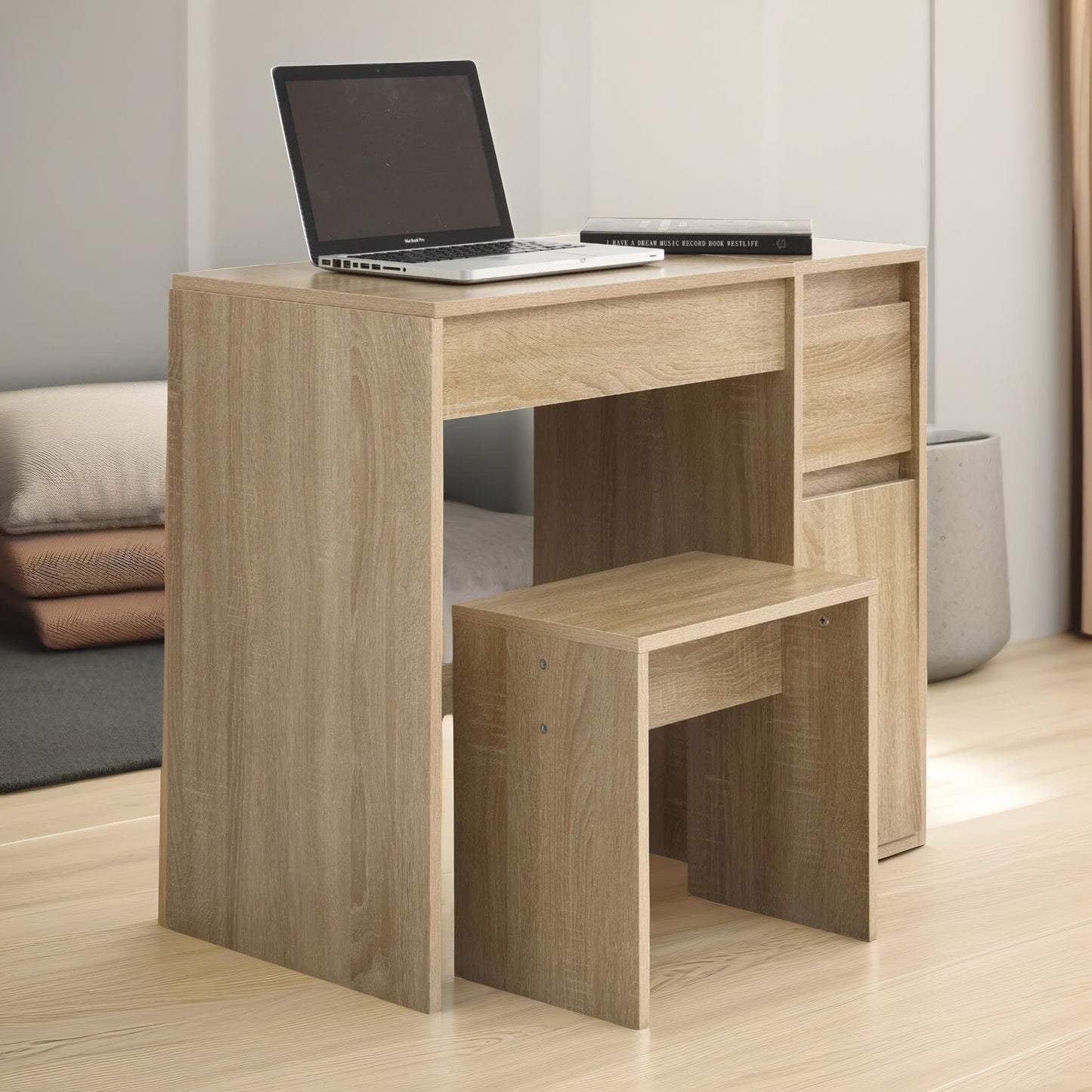 2-in-1 dressing table workstation with stool oak