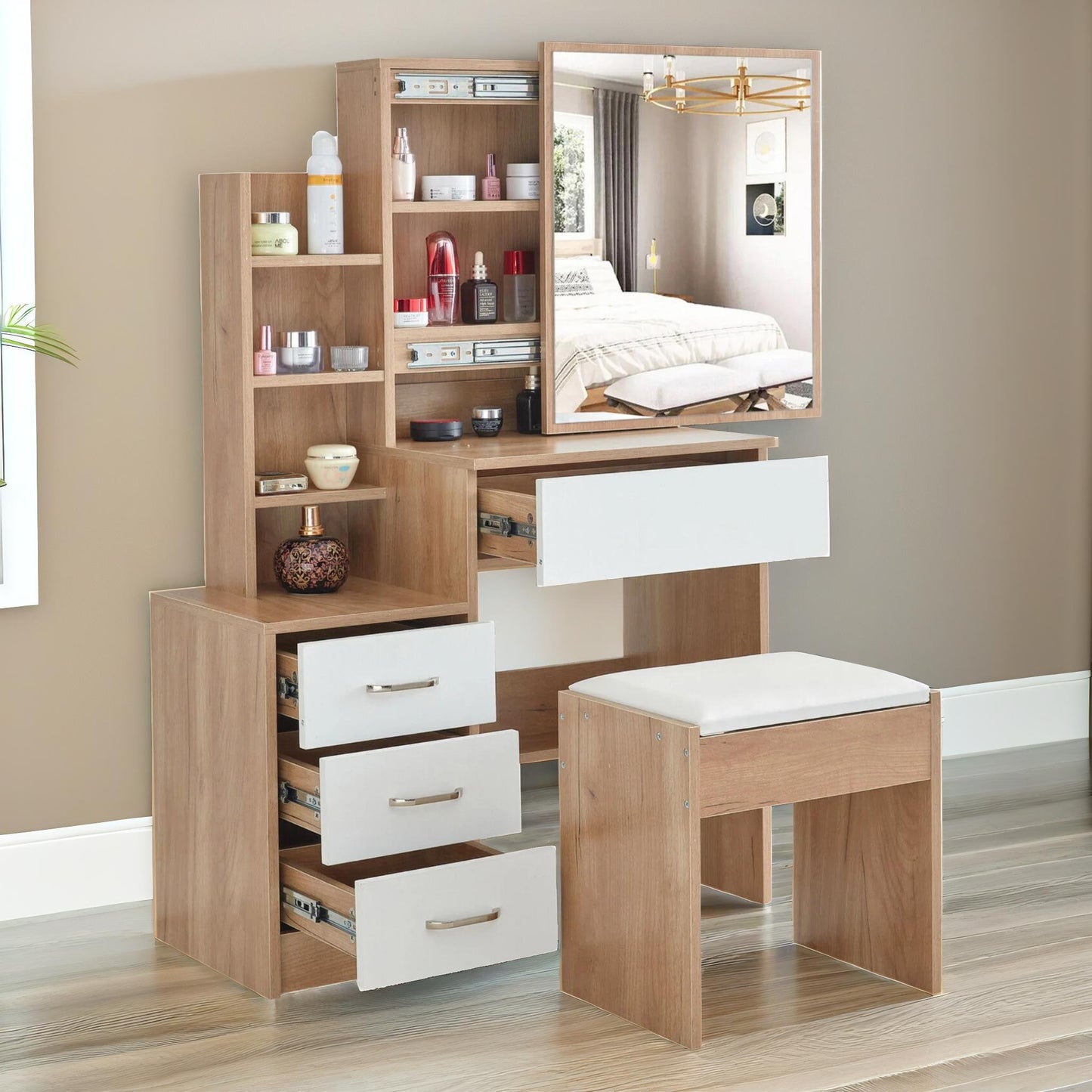 4 drawer dressing table with mirror and stool