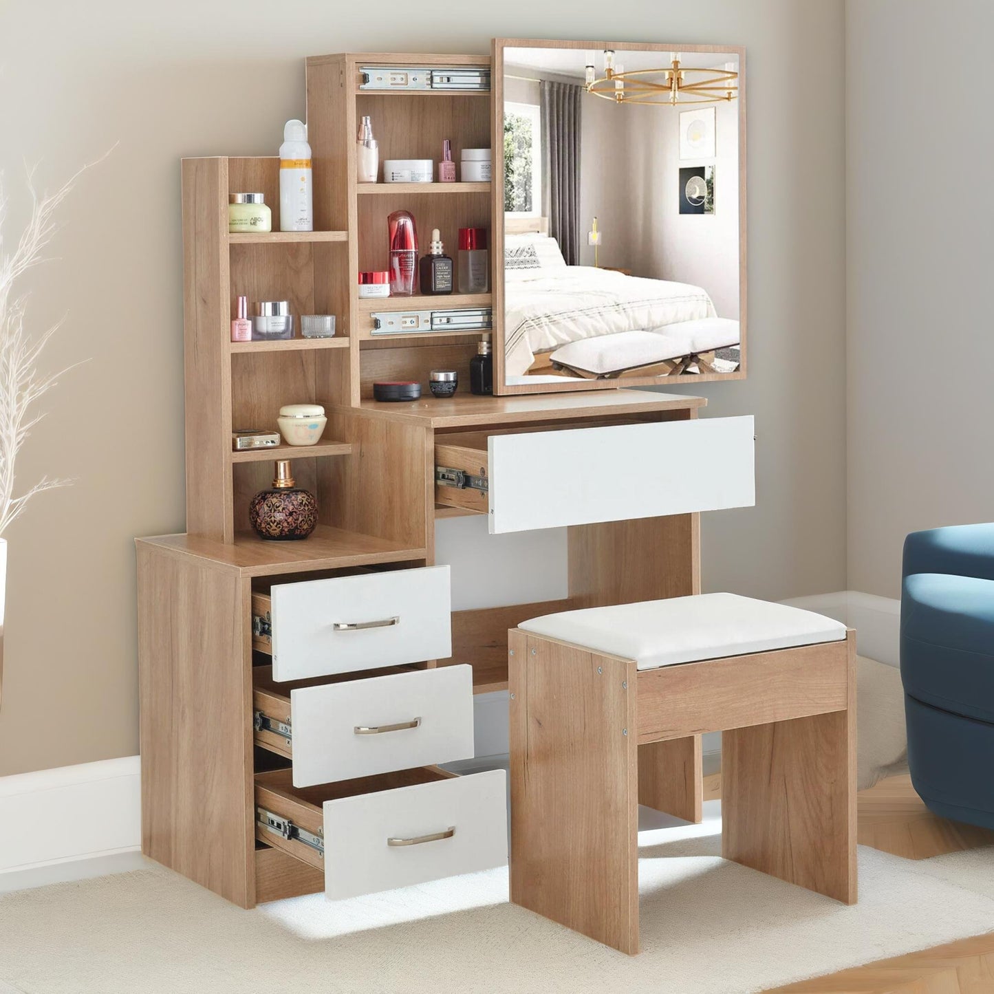 4 drawer dressing table with mirror and stool