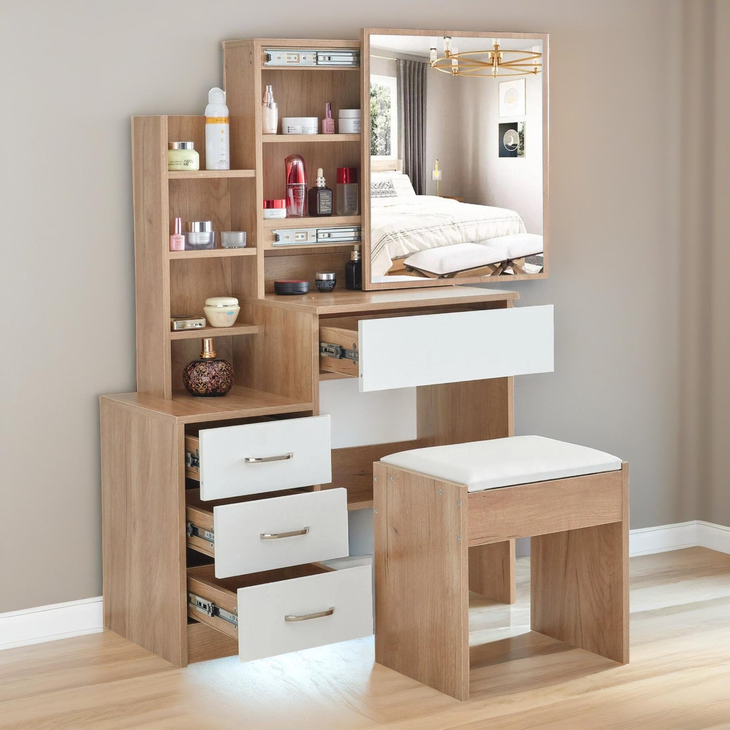 4 drawer dressing table with mirror and stool