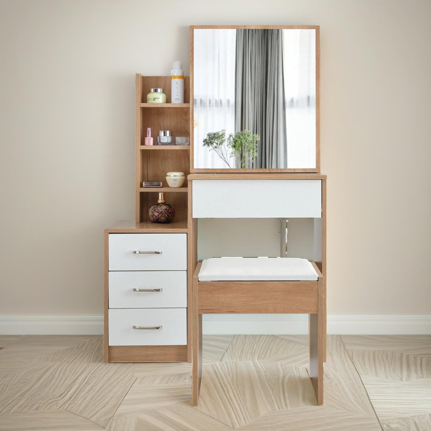 4 drawer dressing table with mirror and stool