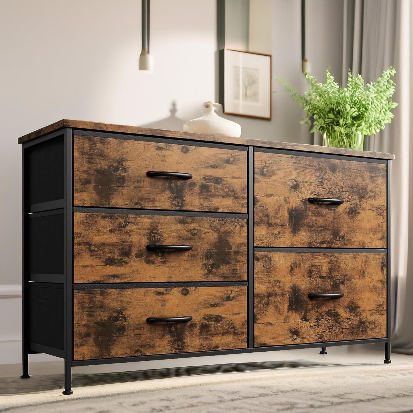 bedroom dresser with 5 fabric storage drawers