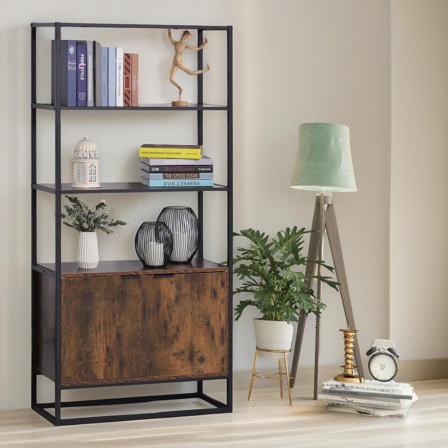 industrial storage cabinet with 3 open shelves rustic brown