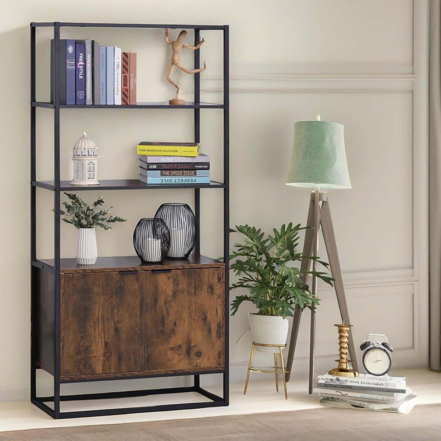 industrial storage cabinet with 3 open shelves rustic brown