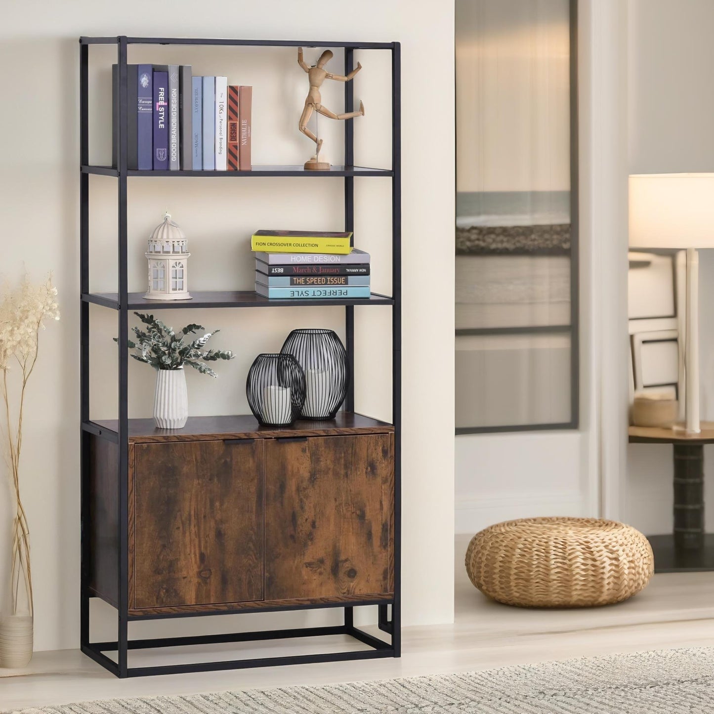 industrial storage cabinet with 3 open shelves rustic brown