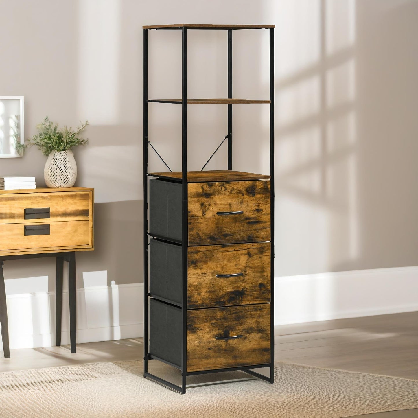 industrial storage cabinet with 2 open shelves rustic brown