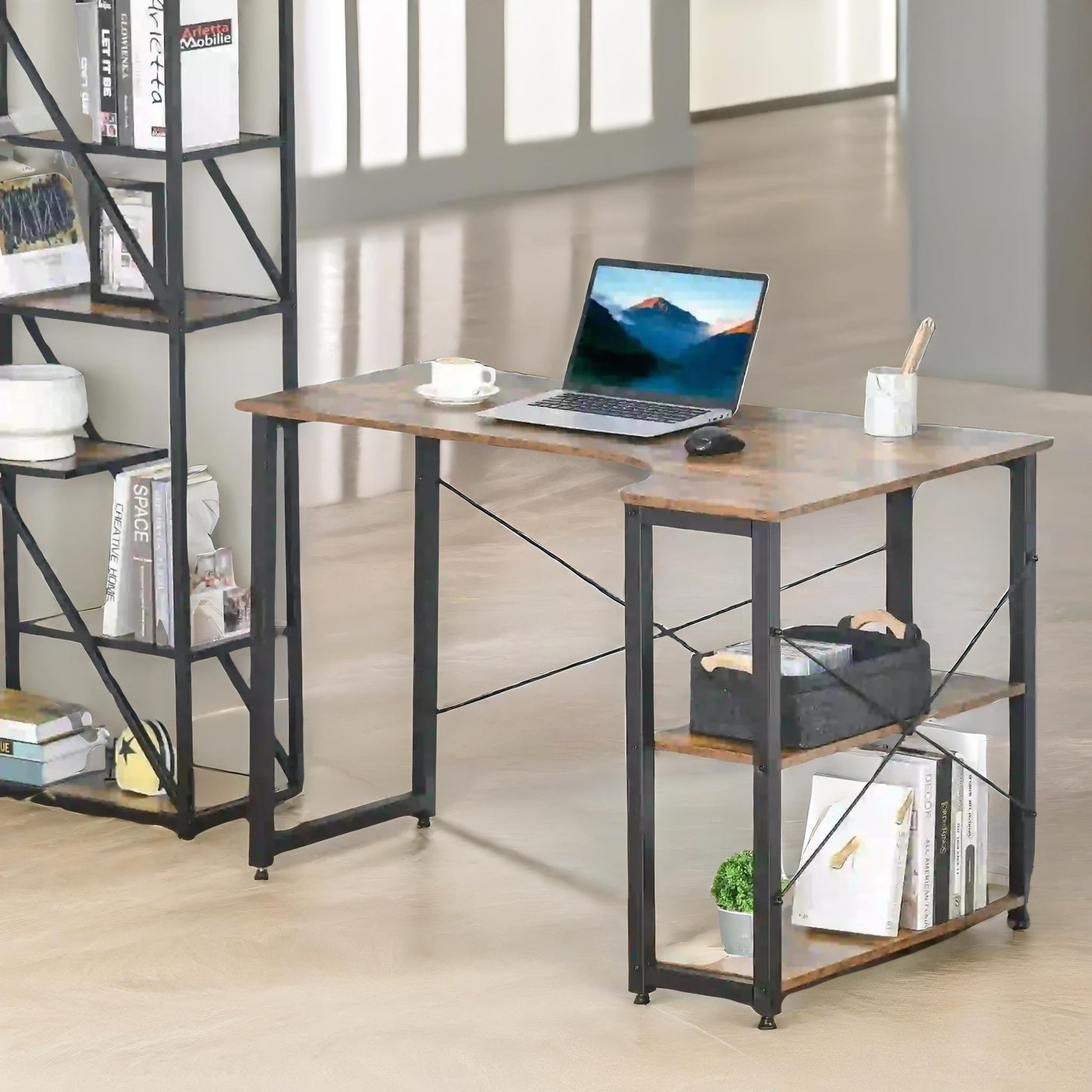 indusrial computer desk with 2 shelves rustic brown