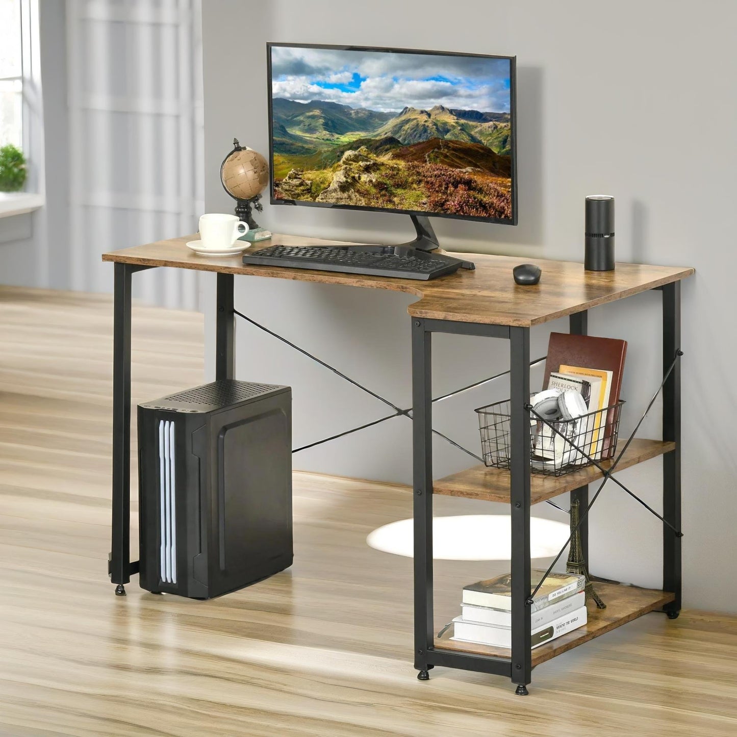 indusrial computer desk with 2 shelves rustic brown