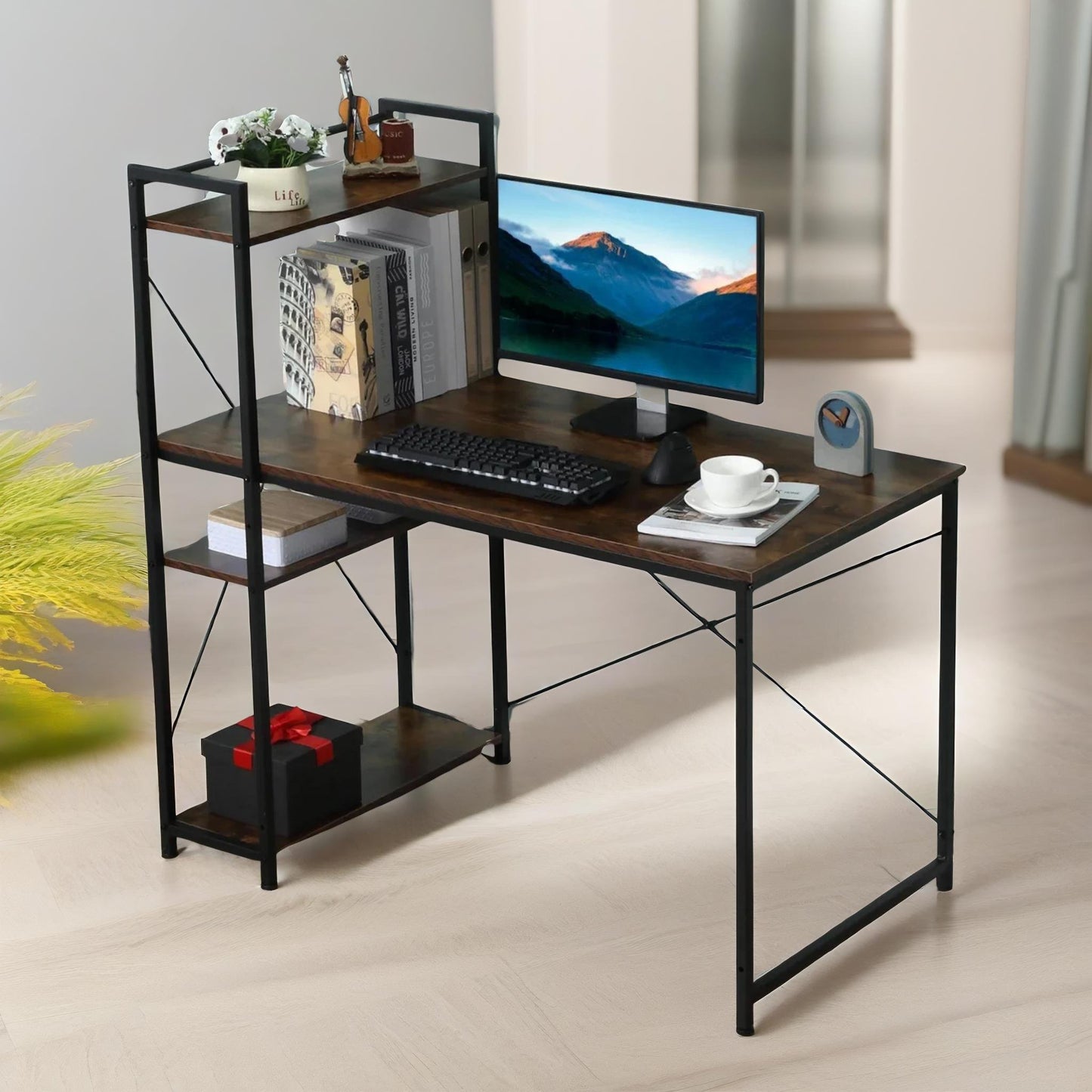 indusrial 4 tier computer desk withshelves rustic brown