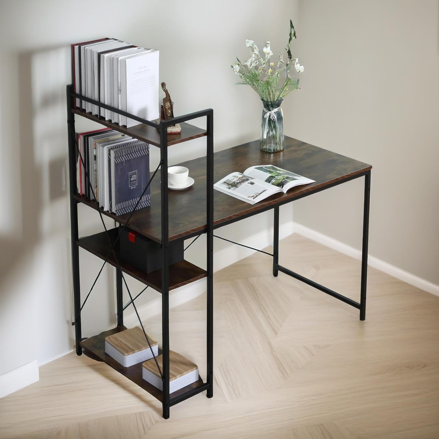 indusrial 4 tier computer desk withshelves rustic brown